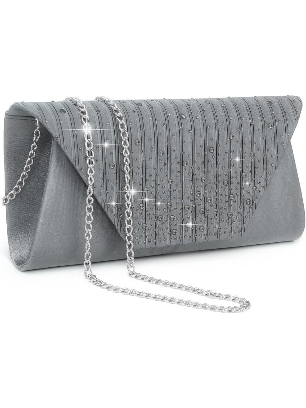 Women Pewter Grey Clutch Purse With Detachable Chain Wedding Formal Evening Bag